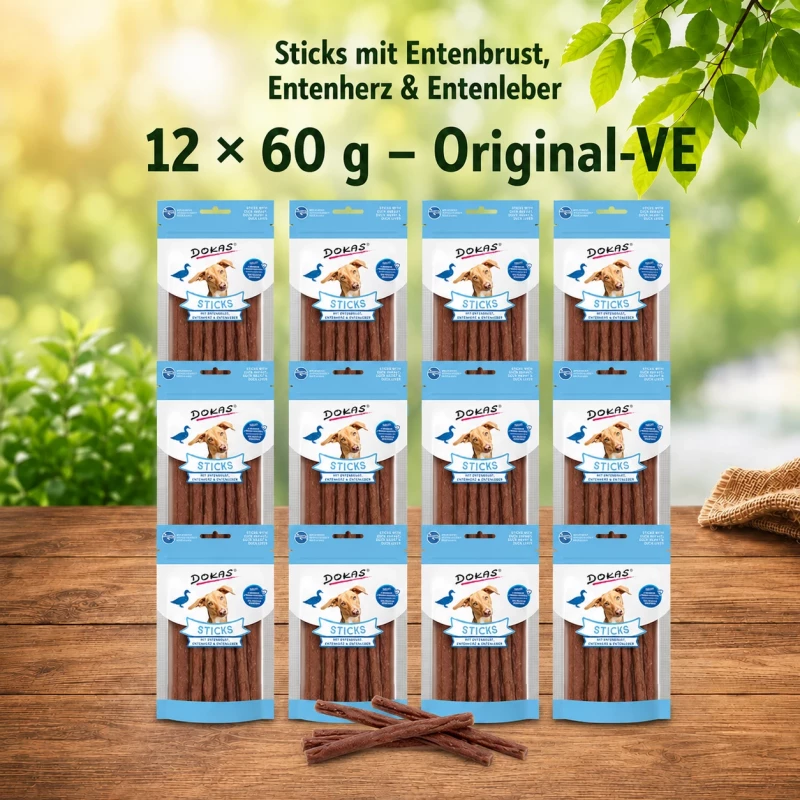12x 60g Dokas Sticks mit Entenbrust, Entenherz und Entenleber - 1,65€/Packung
