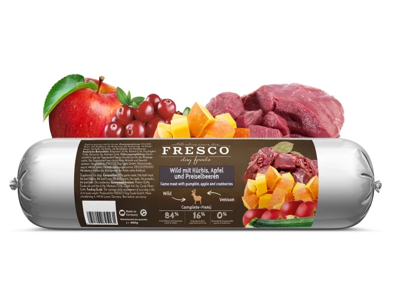 Fresco BarfWurst Wild mit Kürbis, Apfel und Preiselbeeren 400g