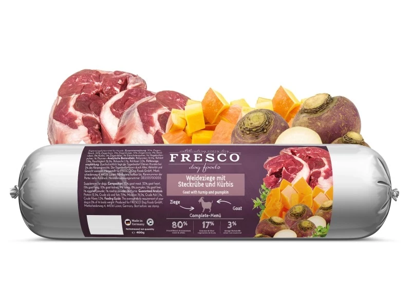 Fresco BarfWurst Weideziege mit Steckrübe und Kürbis 400g Fresco BarfWurst Weideziege mit Steckrübe und Kürbis 400g