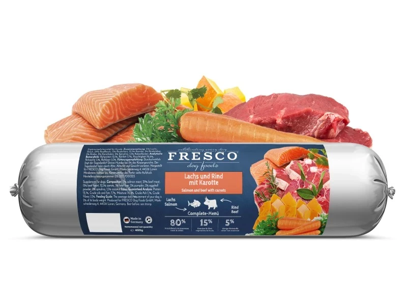 Fresco BarfWurst Lachs und Rind mit Karotte 400g Fresco BarfWurst Lachs und Rind mit Karotte 400g