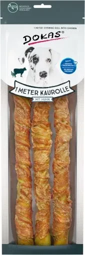 Dokas Dog 1 m Kaurolle aus Rinderhaut mit Huhn 8x 315g