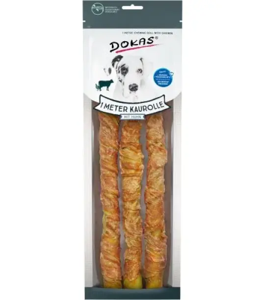 Dokas Dog 1 m Kaurolle aus Rinderhaut mit Huhn 8x 315g