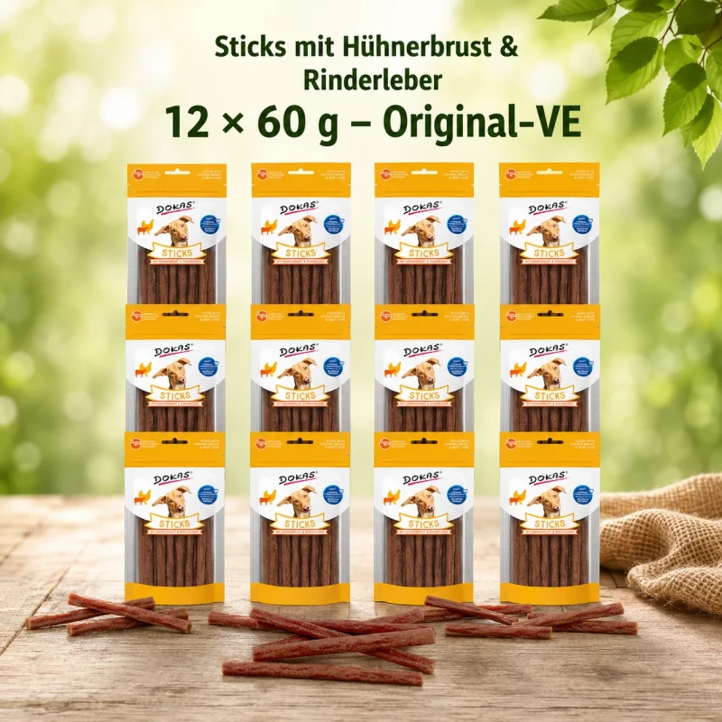 12x 60g Dokas Sticks mit Hühnerbrust und Rinderleber - 1,65€/Packung 12x 60g Dokas Sticks mit Hühnerbrust und Rinderleber - 1,65€/Packung