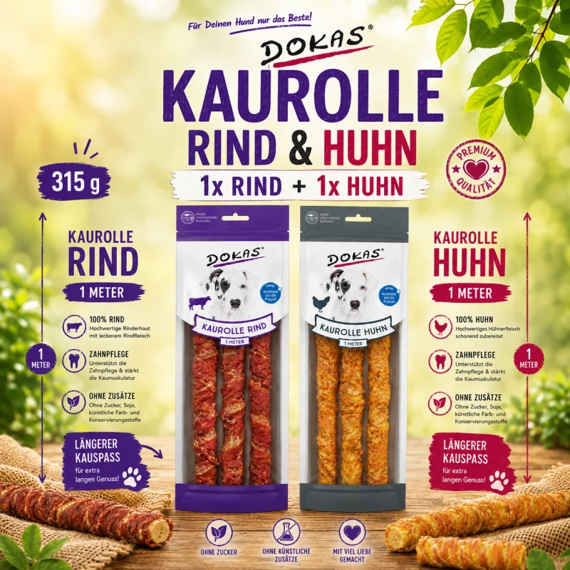2x 1 Meter Kaurolle 1x Rind + 1x Huhn Hunde Kauspaß 2x 1 Meter Kaurolle 1x Rind + 1x Huhn Hunde Kauspaß