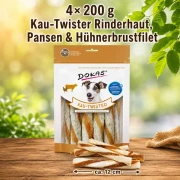 4x 200 gr Kau-Twister Rinderhaut, Pansen & Hühnerbrustfilet
