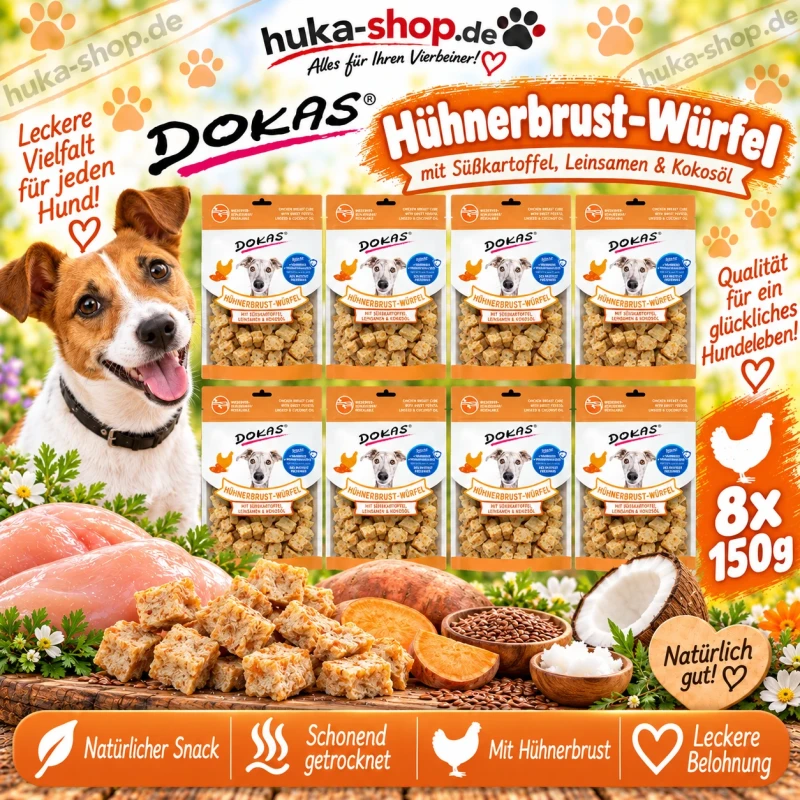 Dokas Hühnerbrust-Würfel mit Süßkartoffel, Leinsamen & Kokosöl 8x 150 g - UVP 43,92 EUR Dokas Hühnerbrust-Würfel mit Süßkartoffel, Leinsamen & Kokosöl 8x 150 g - UVP 43,92 EUR