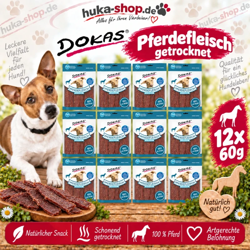 Dokas Pferdefleisch getrocknet 12x 60 g - UVP 29,88 EUR Dokas Pferdefleisch getrocknet 12x 60 g - UVP 29,88 EUR