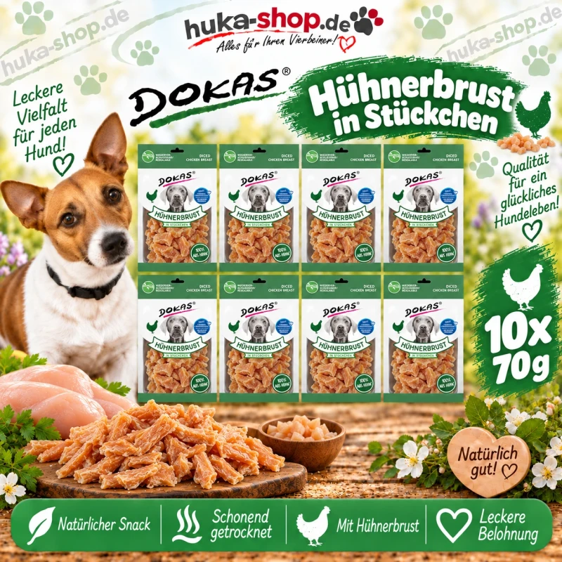Dokas Hühnerbrust in Stückchen 10x 70 g - UVP 22,20 EUR Dokas Hühnerbrust in Stückchen 10x 70 g - UVP 22,20 EUR