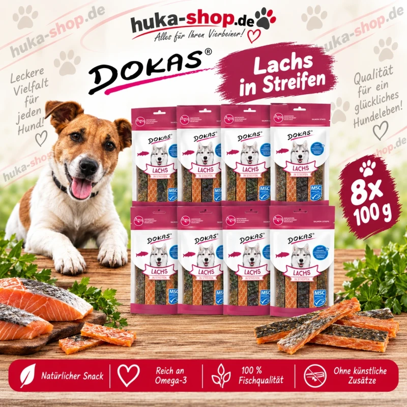 Dokas Lachs in Streifen 8x 100 g - UVP 30,32 EUR Dokas Lachs in Streifen 8x 100 g - UVP 30,32 EUR