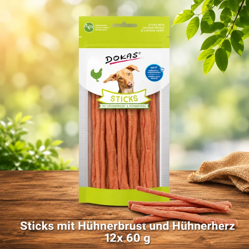Dokas Sticks mit Hühnerbrust und Hühnerherz 12 Packungen x 60 g Dokas Sticks mit Hühnerbrust und Hühnerherz 12 Packungen x 60 g