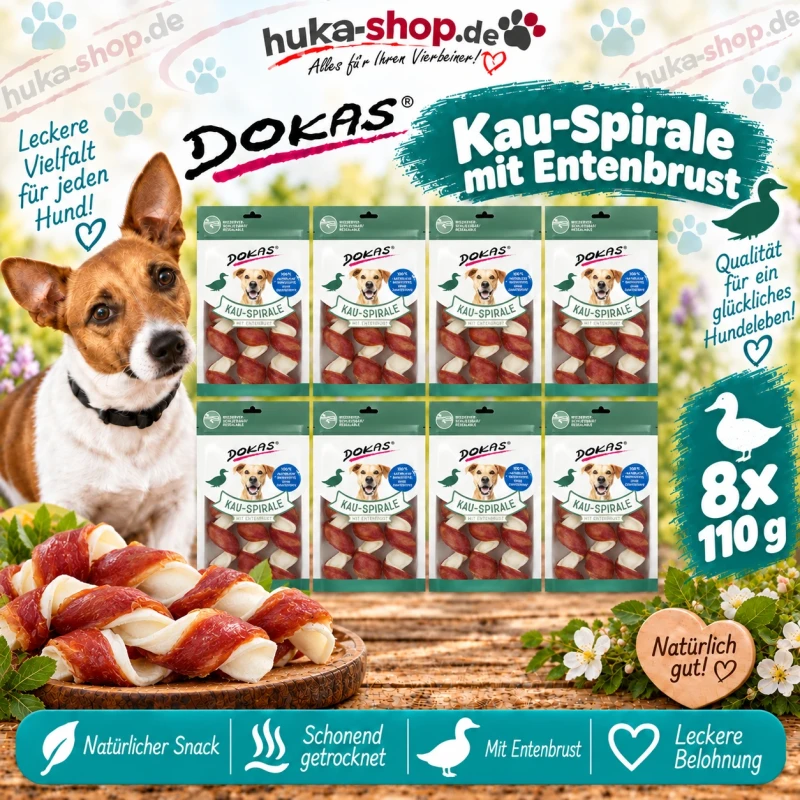 Dokas Kau-Spirale mit Entenbrust 8x 110 g - UVP 39,92 EUR Dokas Kau-Spirale mit Entenbrust 8x 110 g - UVP 39,92 EUR