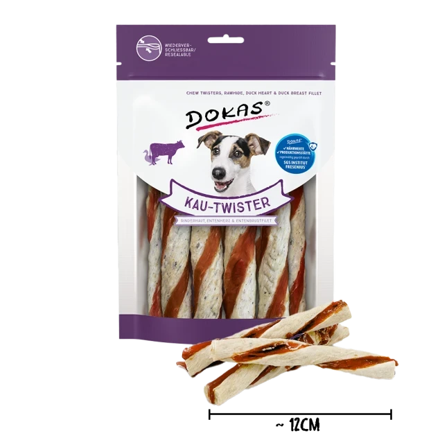 Dokas Kau-Twister - Rinderhaut, Entenherz & Entenbrust 9x 200 g Dokas Kau-Twister - Rinderhaut, Entenherz & Entenbrust 9x 200 g