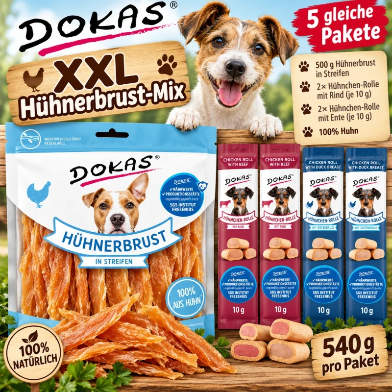 DOKAS XXL Hühnerbrust Mix 540g + 4 Hühnchen-Rollen Rind Ente Hundesnacks DOKAS XXL Hühnerbrust Mix 540g + 4 Hühnchen-Rollen Rind Ente Hundesnacks
