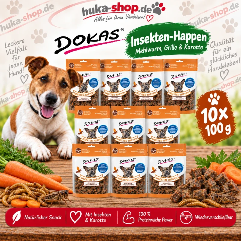 Dokas Insekten-Happen - Mehlwurm, Grille, Karotte 10x 100 g - UVP 24,90 EUR Dokas Insekten-Happen - Mehlwurm, Grille, Karotte 10x 100 g - UVP 24,90 EUR