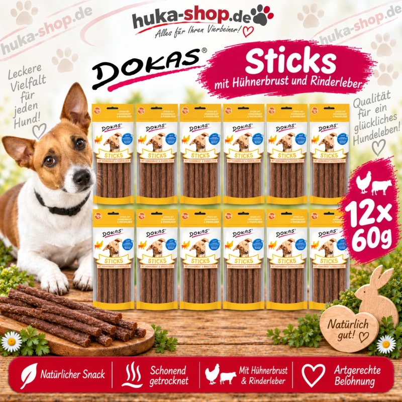 Dokas Sticks mit Hühnerbrust und Rinderleber 12x 60 g - UVP 23,88 EUR Dokas Sticks mit Hühnerbrust und Rinderleber 12x 60 g - UVP 23,88 EUR
