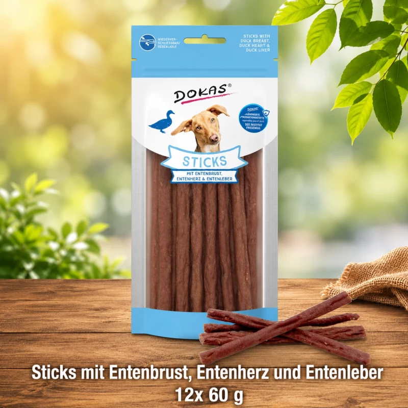 Dokas Sticks mit Entenbrust, Entenherz und Entenleber 12 Packungen x 60 g Dokas Sticks mit Entenbrust, Entenherz und Entenleber 12 Packungen x 60 g