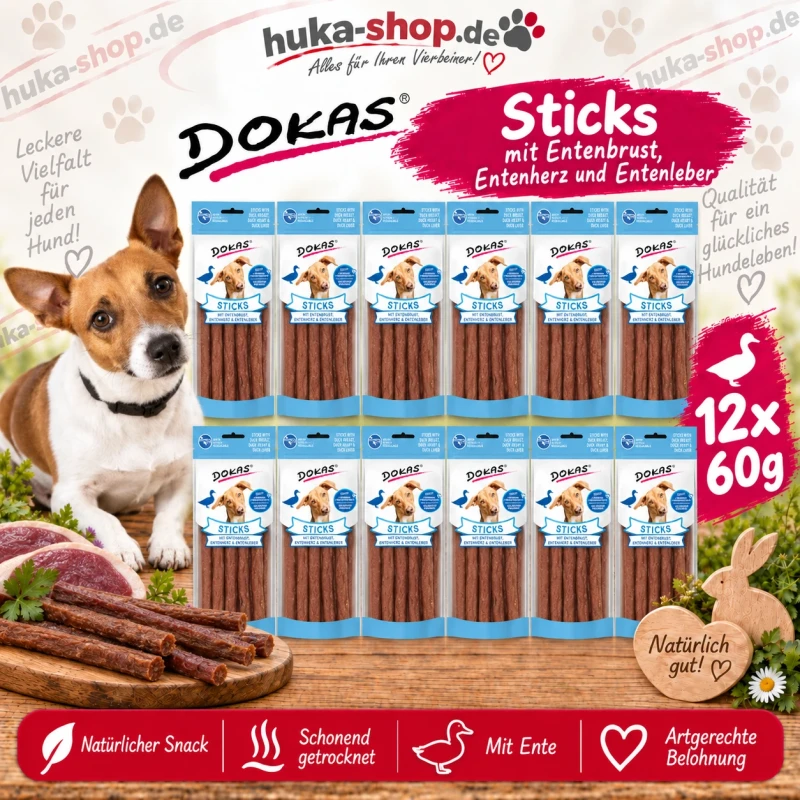 Dokas Sticks mit Entenbrust, Entenherz und Entenleber 12x 60 g - UVP 23,88 EUR